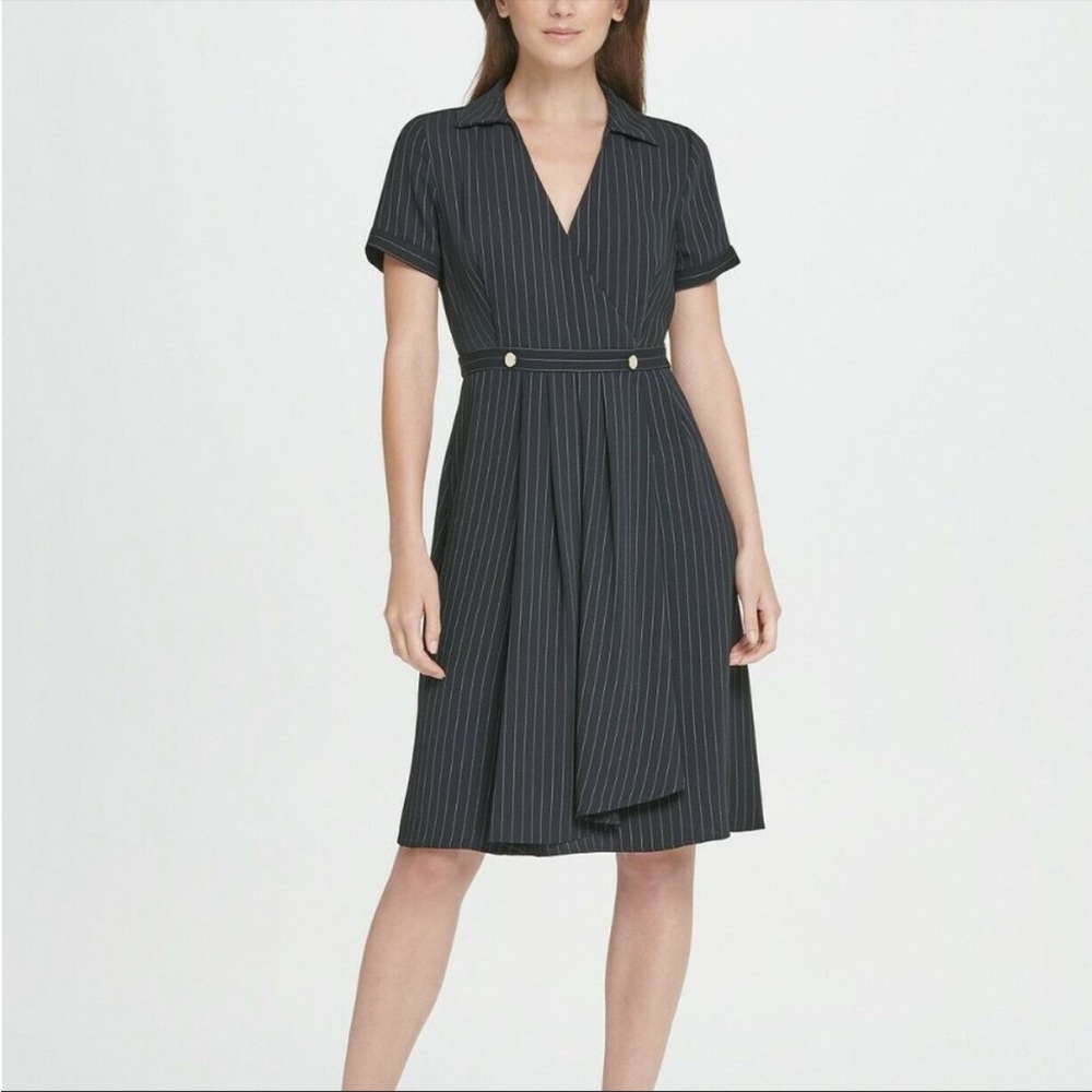 DKNY Black and White Pinstripe Collared Wrap Dress with Gold Buttons